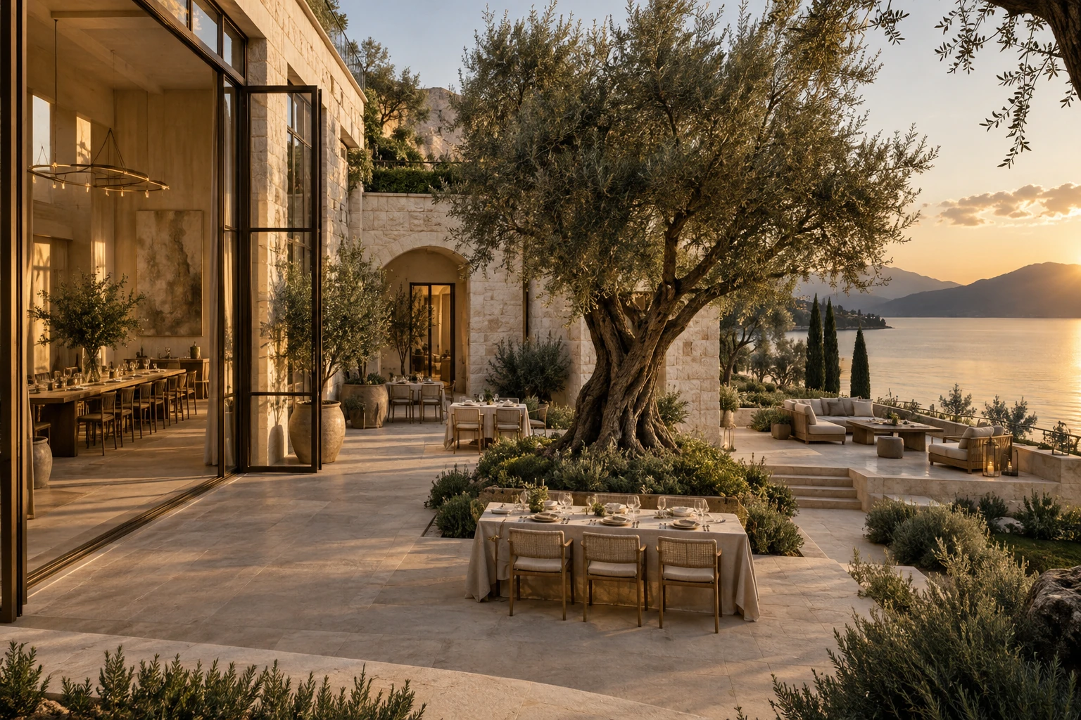 An imagined waterfront retreat with a limestone gallery, an olive courtyard, and an open terrace.